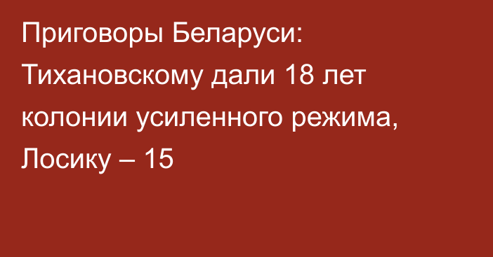 Приговоры Беларуси: Тихановскому дали 18 лет колонии усиленного режима, Лосику – 15