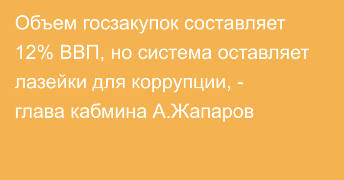 Объем госзакупок составляет 12% ВВП, но система оставляет лазейки для коррупции, - глава кабмина А.Жапаров