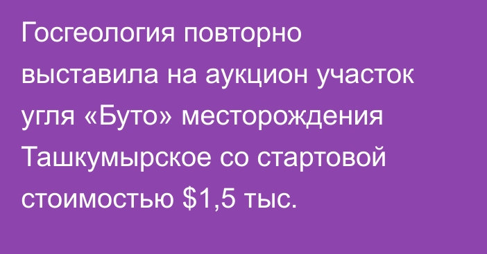 Госгеология повторно выставила на аукцион участок угля «Буто» месторождения Ташкумырское со стартовой стоимостью $1,5 тыс.