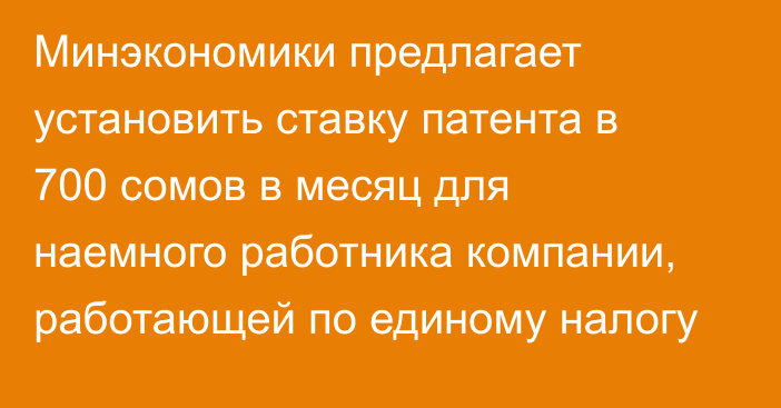 Минэкономики предлагает установить ставку патента в 700 сомов в месяц для наемного работника компании, работающей по единому налогу