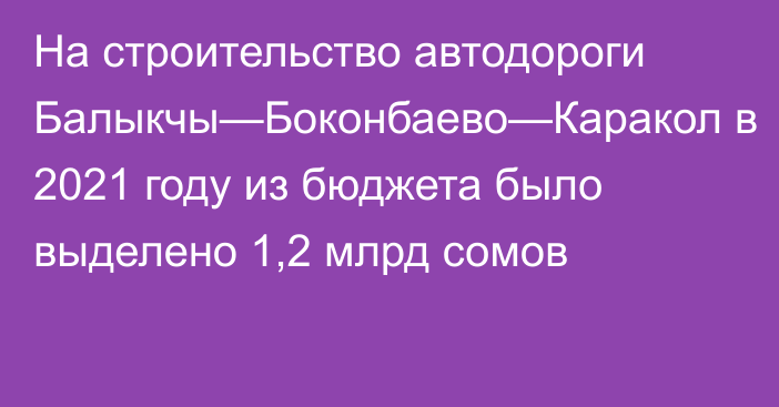 На строительство автодороги Балыкчы—Боконбаево—Каракол в 2021 году из бюджета было выделено 1,2 млрд сомов