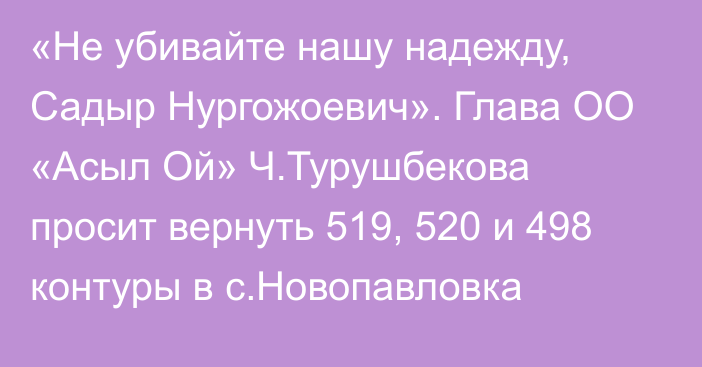 «Не убивайте нашу надежду, Садыр Нургожоевич». Глава ОО «Асыл Ой» Ч.Турушбекова просит вернуть 519, 520 и 498 контуры в с.Новопавловка