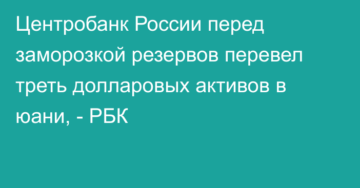 Центробанк России перед заморозкой резервов перевел треть долларовых активов в юани, - РБК