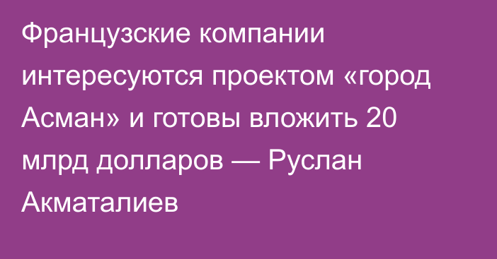 Французские компании интересуются проектом «город Асман» и готовы вложить 20 млрд долларов — Руслан Акматалиев