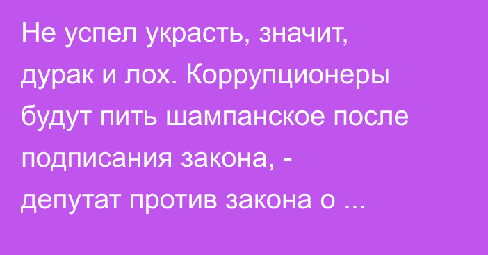 Не успел украсть, значит, дурак и лох. Коррупционеры будут пить шампанское после подписания закона, - депутат против закона о легализации имущества