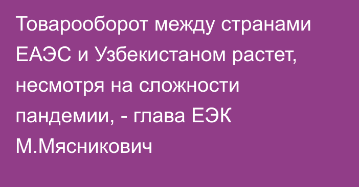 Товарооборот между странами ЕАЭС и Узбекистаном растет, несмотря на сложности пандемии, - глава ЕЭК М.Мясникович