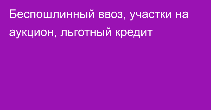 Беспошлинный ввоз, участки на аукцион, льготный кредит