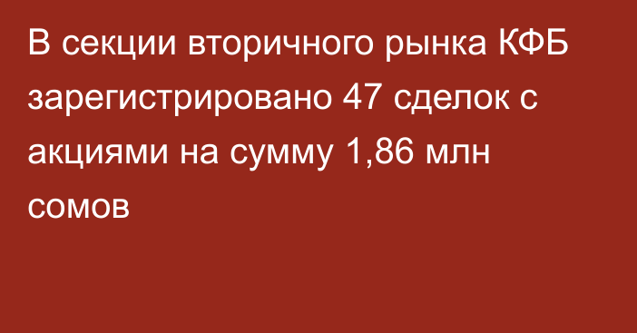 В секции вторичного рынка КФБ зарегистрировано 47 сделок с акциями на сумму 1,86 млн сомов