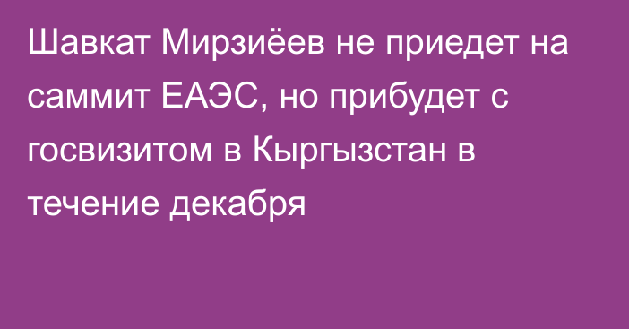 Шавкат Мирзиёев не приедет на саммит ЕАЭС, но прибудет с госвизитом в Кыргызстан в течение декабря