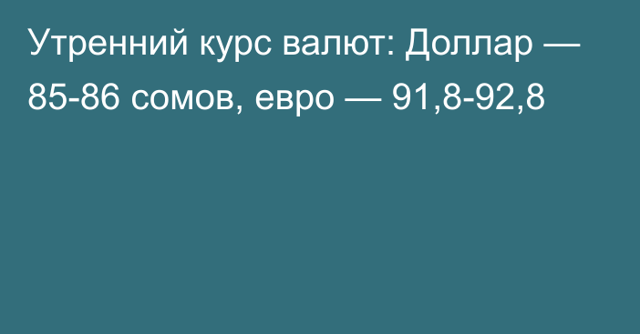 Утренний курс валют: Доллар — 85-86 сомов, евро — 91,8-92,8