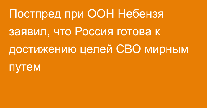 Постпред при ООН Небензя заявил, что Россия готова к достижению целей СВО мирным путем