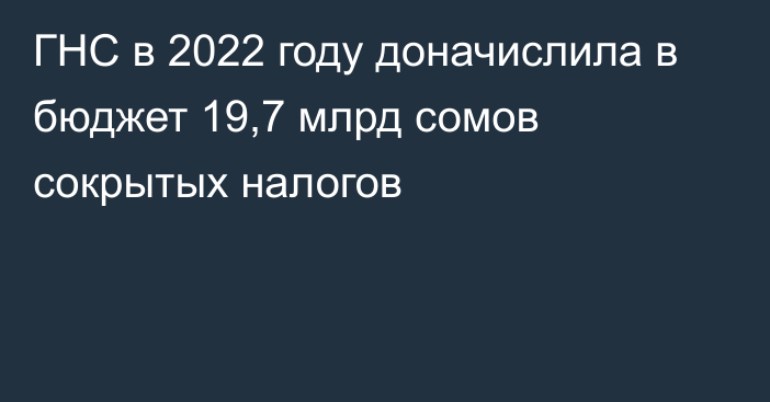 ГНС в 2022 году доначислила в бюджет 19,7 млрд сомов сокрытых налогов