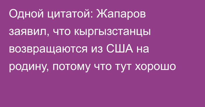 Одной цитатой: Жапаров заявил, что кыргызстанцы возвращаются из США на родину, потому что тут хорошо