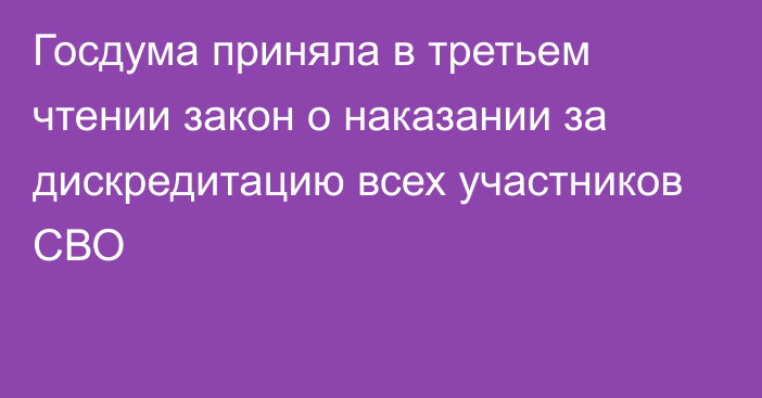 Госдума приняла в третьем чтении закон о наказании за дискредитацию всех участников СВО