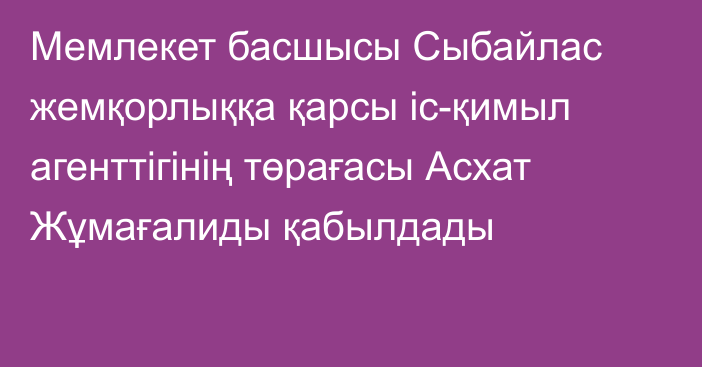 Мемлекет басшысы Сыбайлас жемқорлыққа қарсы іс-қимыл агенттігінің төрағасы Асхат Жұмағалиды қабылдады