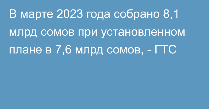 В марте 2023 года собрано 8,1 млрд сомов при установленном плане в 7,6 млрд сомов, - ГТС