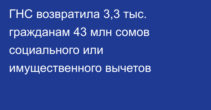 ГНС возвратила 3,3 тыс. гражданам 43 млн сомов социального или имущественного вычетов