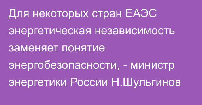 Для некоторых стран ЕАЭС энергетическая независимость заменяет понятие энергобезопасности, - министр энергетики России Н.Шульгинов