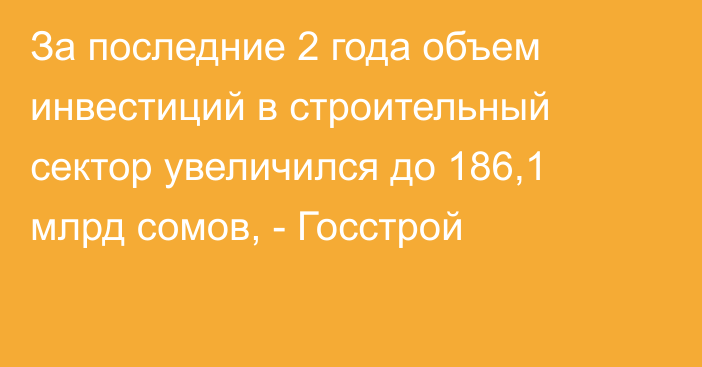 За последние 2 года объем инвестиций в строительный сектор увеличился до 186,1 млрд сомов, - Госстрой