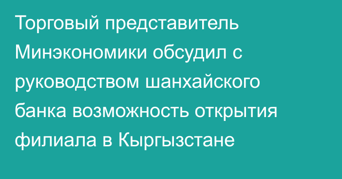 Торговый представитель Минэкономики обсудил с руководством шанхайского банка возможность открытия филиала в Кыргызстане