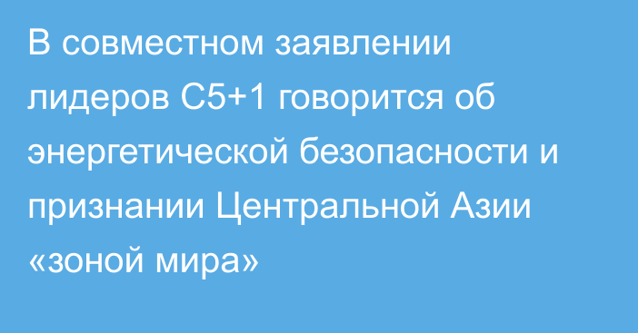 В совместном заявлении лидеров C5+1 говорится об энергетической безопасности и признании Центральной Азии «зоной мира»