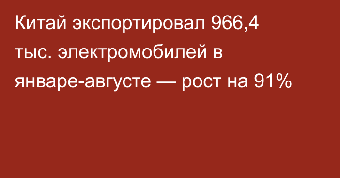 Китай экспортировал 966,4 тыс. электромобилей в январе-августе — рост на 91%