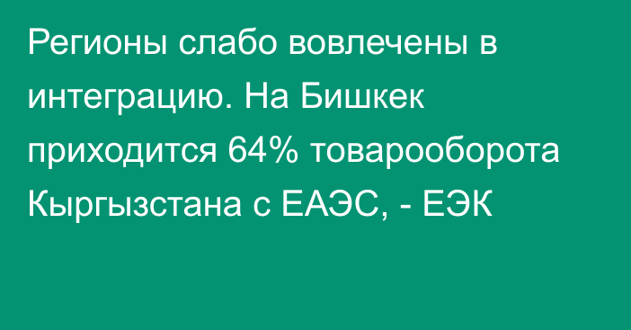 Регионы слабо вовлечены в интеграцию. На Бишкек приходится 64% товарооборота Кыргызстана с ЕАЭС, - ЕЭК