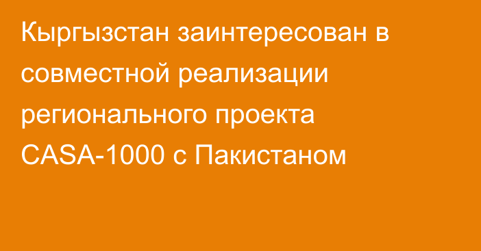 Кыргызстан заинтересован в совместной реализации регионального проекта CASA-1000 с Пакистаном