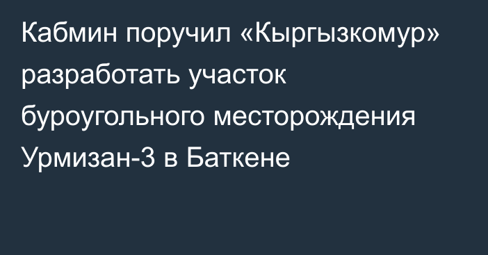 Кабмин поручил «Кыргызкомур» разработать участок буроугольного месторождения Урмизан-3 в Баткене