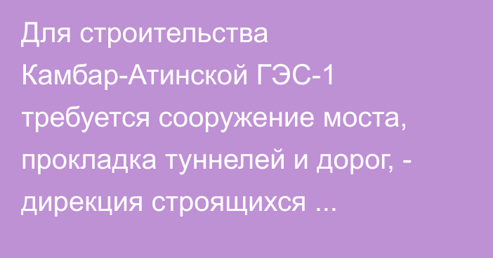 Для строительства Камбар-Атинской ГЭС-1 требуется сооружение моста, прокладка туннелей и дорог, - дирекция строящихся электростанций