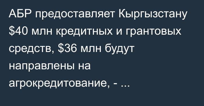 АБР предоставляет Кыргызстану $40 млн кредитных и грантовых средств, $36 млн будут направлены на агрокредитование, - Минсельхоз