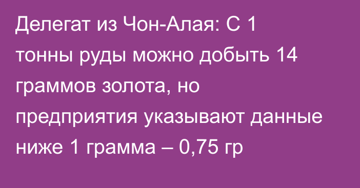 Делегат из Чон-Алая: С 1 тонны руды можно добыть 14 граммов золота, но предприятия указывают данные ниже 1 грамма – 0,75 гр