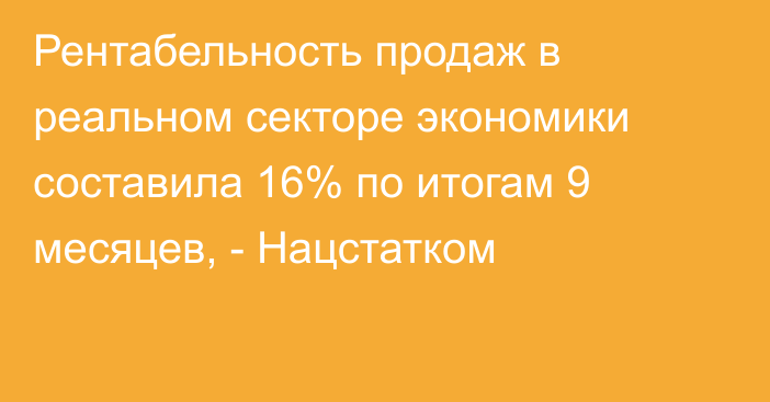 Рентабельность продаж в реальном секторе экономики составила 16% по итогам 9 месяцев, - Нацстатком