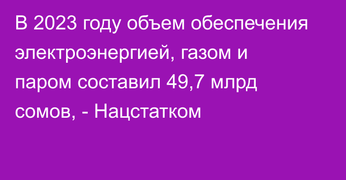 В 2023 году объем обеспечения электроэнергией, газом и паром составил 49,7 млрд  сомов, - Нацстатком