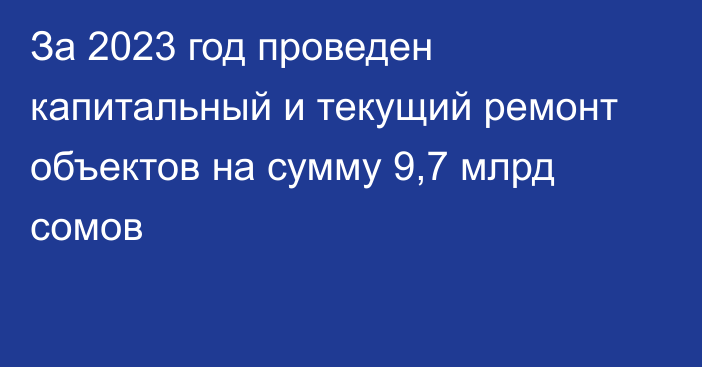 За 2023 год проведен капитальный и текущий ремонт объектов на сумму 9,7 млрд сомов