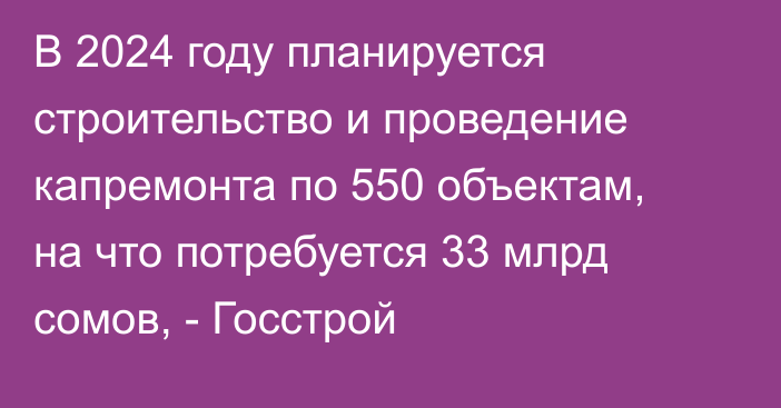 В 2024 году планируется строительство и проведение капремонта по 550 объектам, на что потребуется 33 млрд сомов, - Госстрой