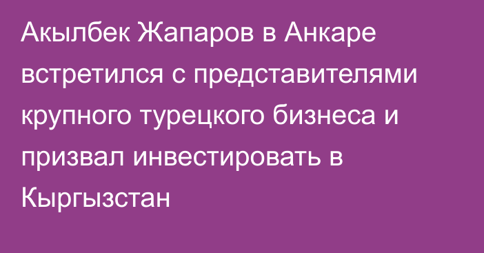 Акылбек Жапаров в Анкаре встретился с представителями крупного турецкого бизнеса и призвал инвестировать в Кыргызстан