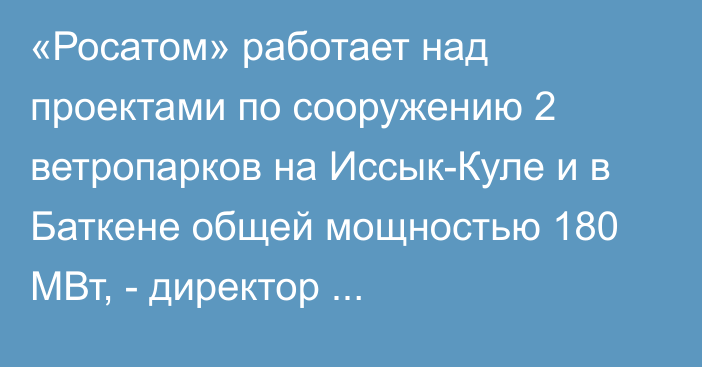 «Росатом» работает над проектами по сооружению 2 ветропарков на Иссык-Куле и в Баткене общей мощностью 180 МВт, - директор представительства компании