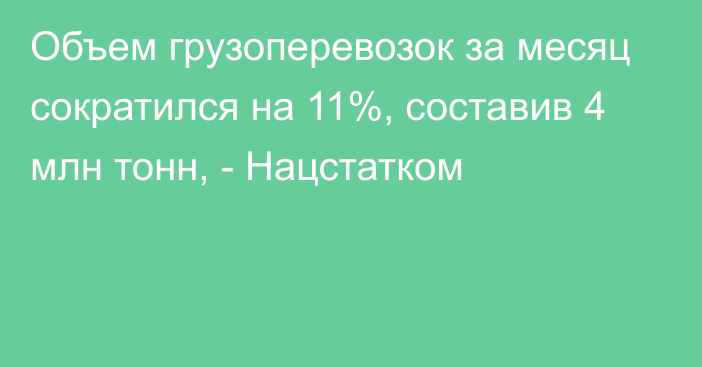 Объем грузоперевозок за месяц сократился на 11%, составив 4 млн тонн, - Нацстатком