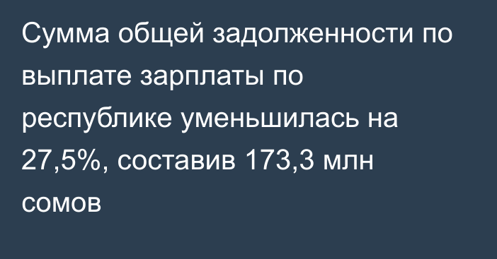 Сумма общей задолженности по выплате зарплаты по республике уменьшилась на 27,5%, составив 173,3 млн сомов