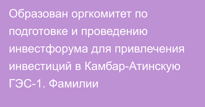 Образован оргкомитет по подготовке и проведению инвестфорума для привлечения инвестиций в Камбар-Атинскую ГЭС-1. Фамилии