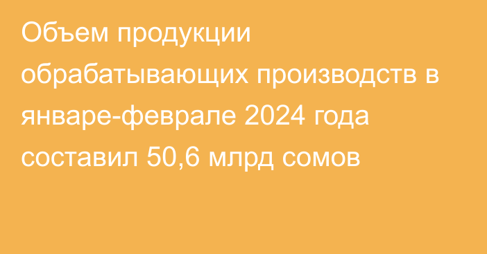 Объем продукции обрабатывающих производств в январе-феврале 2024 года составил 50,6 млрд сомов