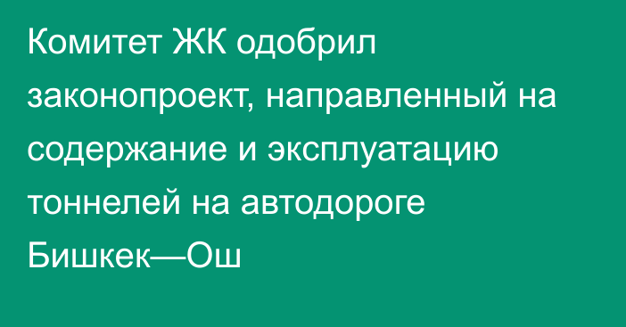 Комитет ЖК одобрил законопроект, направленный на содержание и эксплуатацию тоннелей на автодороге Бишкек—Ош