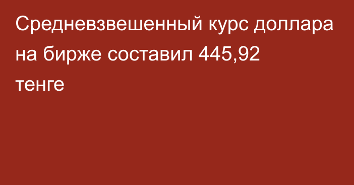 Средневзвешенный курс доллара на бирже составил 445,92 тенге