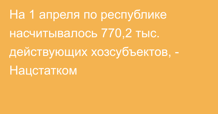 На 1 апреля по республике насчитывалось 770,2 тыс. действующих хозсубъектов, - Нацстатком