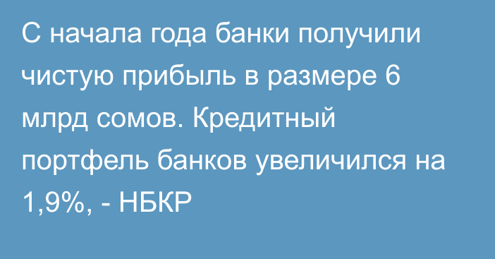 С начала года банки получили чистую прибыль в размере 6 млрд сомов. Кредитный портфель банков увеличился на 1,9%, - НБКР