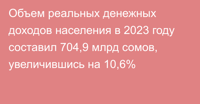 Объем реальных денежных доходов населения в 2023 году составил 704,9 млрд сомов, увеличившись на 10,6%