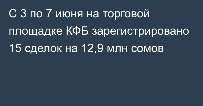 С 3 по 7 июня на торговой площадке КФБ зарегистрировано 15 сделок на 12,9 млн сомов