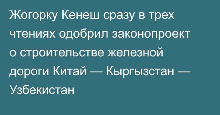 Жогорку Кенеш сразу в трех чтениях одобрил законопроект о строительстве железной дороги Китай — Кыргызстан — Узбекистан