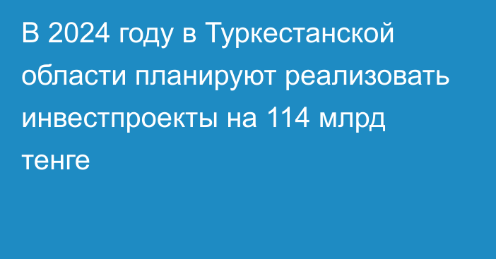 В 2024 году в Туркестанской области планируют реализовать инвестпроекты на 114 млрд тенге